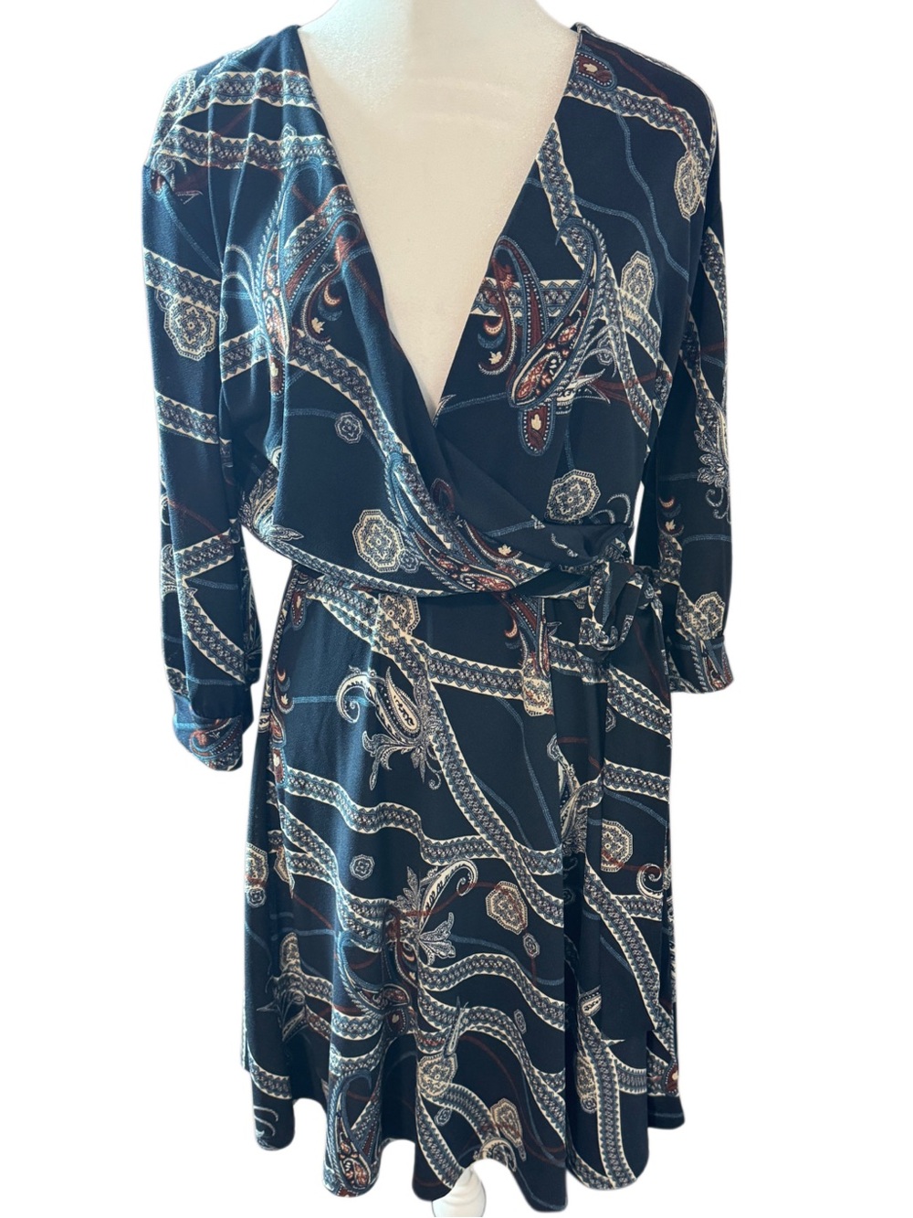 H&M Navy Paisley Print Wrap Dress Size M